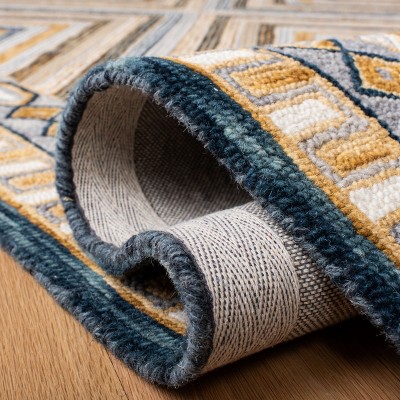 Navy and Gold Geometric Wool Runner Rug, 2'3" x 5'