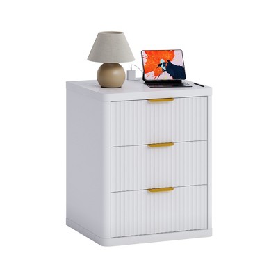 Fluted Nightstand w/ Charging Station, Mid Century Modern Bedside Table with Drawers & Open Shelf