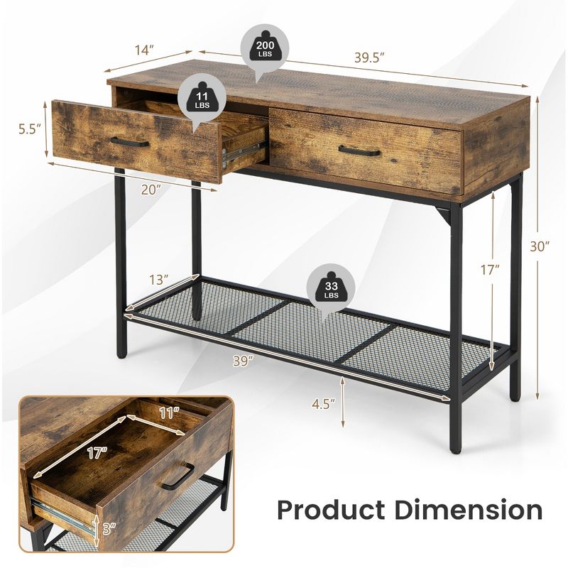 Costway Console Table Industrial Large Drawers Storage Shelf Narrow Entryway Hallway, 4 of 13