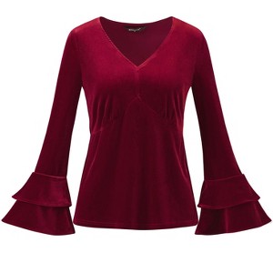 INSPIRE CHIC Women's Regular Fit V Neck Velvet Flare Long Sleeve Peplum Blouse - 1 of 4