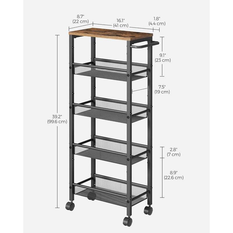 VASAGLE Slim Rolling Cart, 5-Tier Storage Cart, Narrow Cart with Handle, 8.7 Inches Deep, Metal Frame, Rustic Brown and Black, 3 of 8