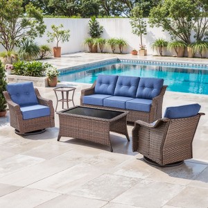 Belord 5PCS Patio Furniture Set with 6" Thick Cushion, Brown Wicker Outdoor Conversation Set with Swivel Chairs and Tempered Glass Top Coffee Table - 1 of 4