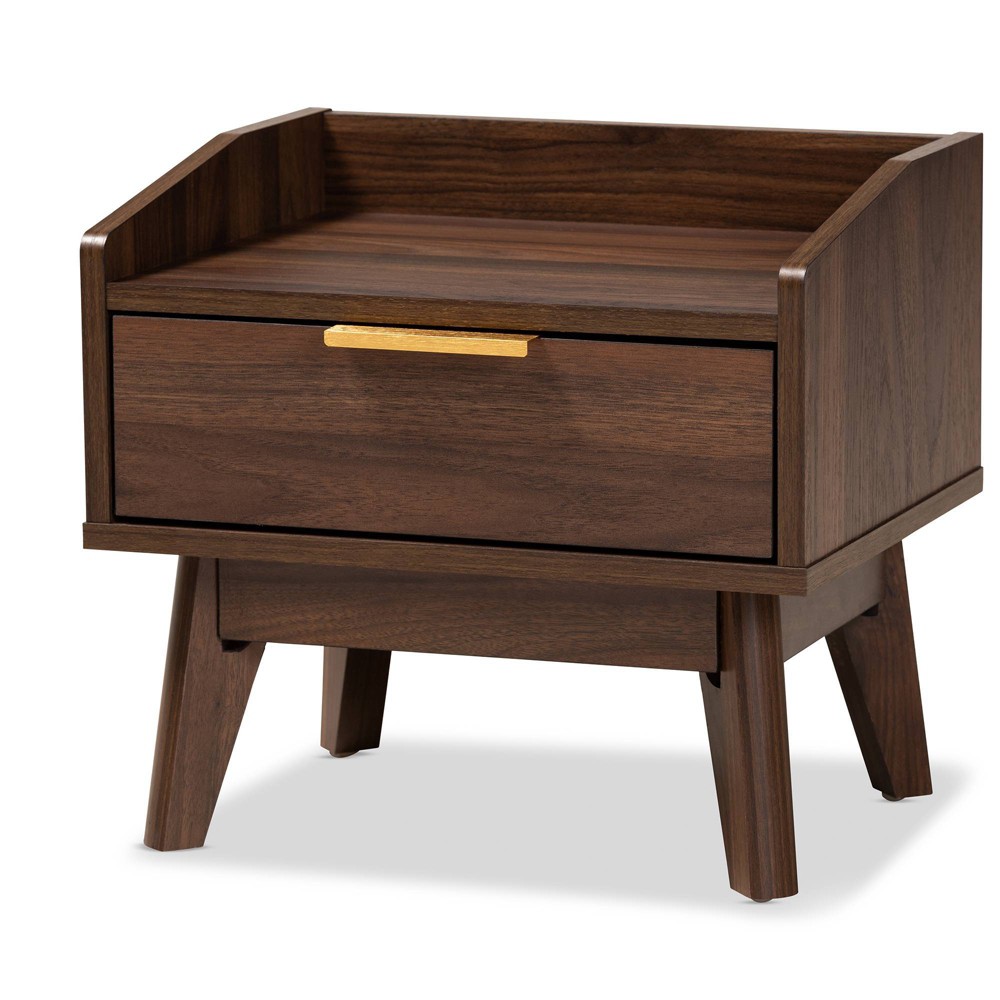 Lena Walnut Finished Wood Nightstand Brown - Baxton Studio: Retro Mid-Century Design, Gold-Tone Handle, Engineered Wood