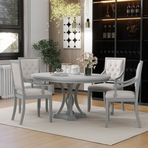 Retro Dining Sets Round, Dining Set Solid Wood With 16''Leaf And 4 Upholstered Chairs, Extendable Dining Table Set For Kitchen-Cuddlewood - 1 of 4
