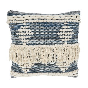 18"x18" Chindi Design Square Pillow Cover with Fringe Blue - Saro Lifestyle: Bohemian Hand Washable Cotton Zippered - 1 of 4