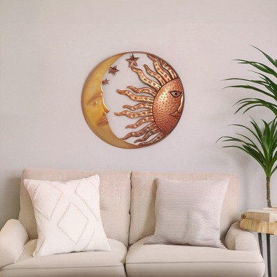 Royal Hampton Round Metal Wall Mount Rustic Gold Bronze, 21 Inch Handcrafted Sun and Moon Accent Wall Decor