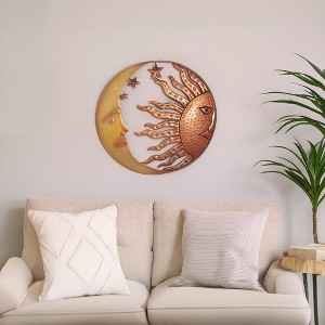 Royal Hampton 21 Inch Handcrafted Sun and Moon Accent Wall Decor, Round Metal Wall Mount, Rustic Gold, Bronze - 1 of 4