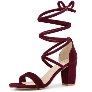 Allegra K Women's Faux Velvet Open Toe Strappy Lace-Up Chunky Heel Sandals - 1 of 4