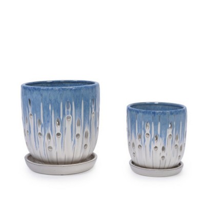 Syemin Planters Set of 2 Striped Ceramic Flowerpot, Indoor and Outdoor Modern Planter for Patio, Garden, Windowsill, Blue, 7.48"*7.4"*8.07"