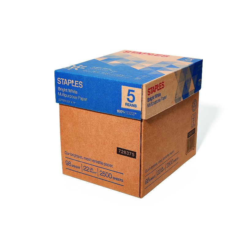 Staples 8.5" x 11" Multipurpose Paper 22 lbs. 98 Brightness 2500/Carton 16345-US, 1 of 2