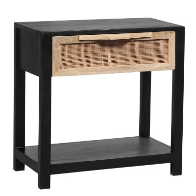 Benzara 22" Side Table with Rattan Front Drawer and Open Shelf Mango Wood Frame Black/Brown