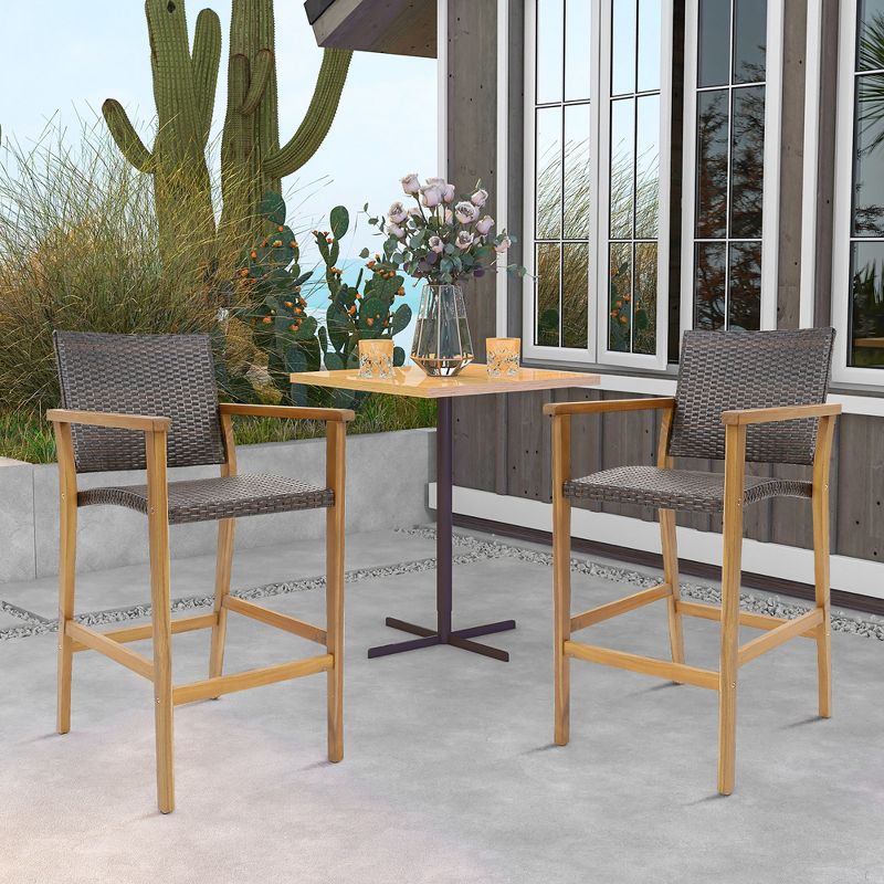 Tangkula Patio Rattan Bar Stool Set of 2 Outdoor PE Wicker Bar Chairs w/ Armrests & Sturdy Footrests, 4 of 10
