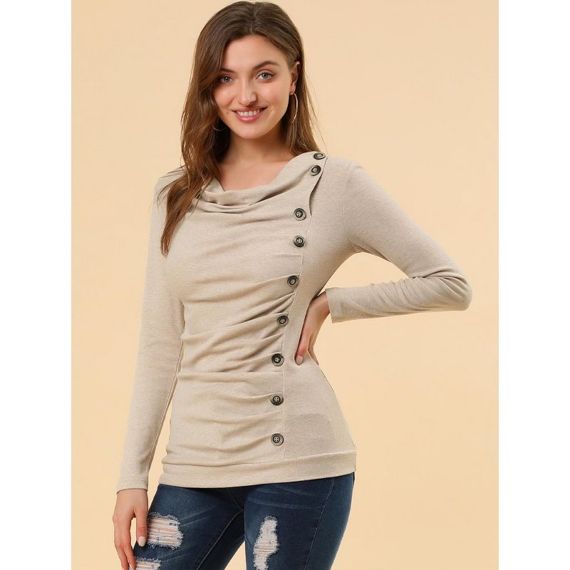 Allegra K Women's Cowl Neck Long Sleeves Buttons Decor Ruched Top, 3 of 8