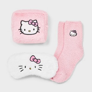 Women's Hello Kitty Embroidered Faux Fur 3pk Cozy Gift Set with Reusable Pouch, Cozy Socks and Eye Mask - Pink/White 4-10 - 1 of 4