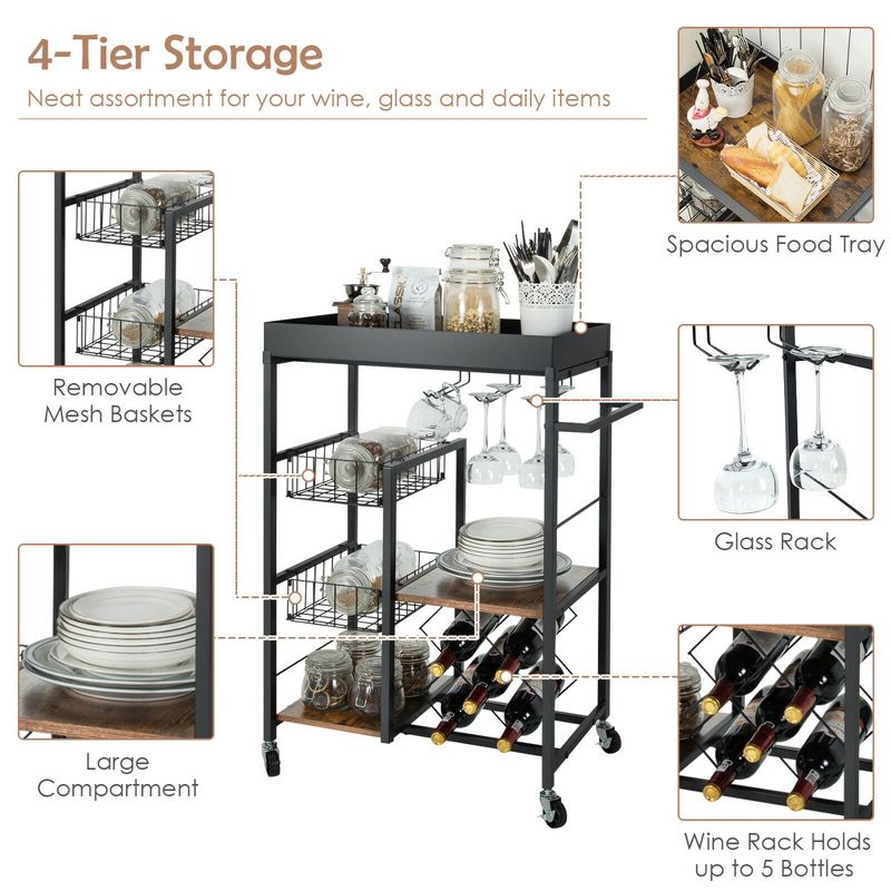 Costway 4-Tier Kitchen Carts  Rolling Serving Trolley Wine Rack Removable Tray Basket, 5 of 11