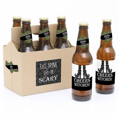 Big Dot of Happiness Spooktacular - Eat, Drink & Be Scary - Witch Brew Halloween Party Decorations - 6 Beer Bottle Label Stickers & 1 Carrier