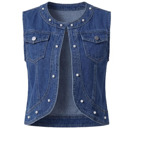 INSPIRE CHIC Women's Cropped Denim Cardigan Sleeveless Decor Pearl Jean Jackets Blue Large