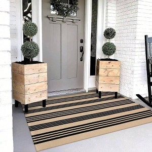 Outdoor Rug 3x5 Black and Tan Striped Cotton Hand Woven Washable Entry Rug for Front Porch Deck Backyard Camping Indoor - 1 of 4