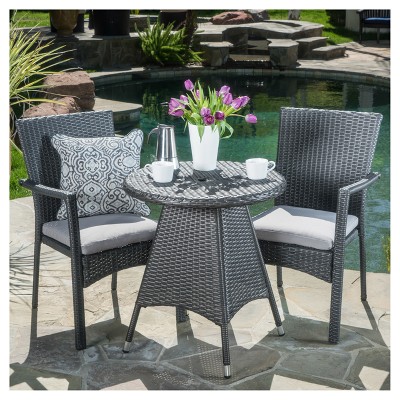 Georgina 3pc Wicker Patio Bistro Set with Cushions: Weather-Resistant, Galvanized Steel - Christopher Knight Home