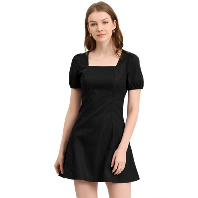 Allegra K Women's Elegant Square Neck Solid Color Puff Sleeve A-Line Short Dress