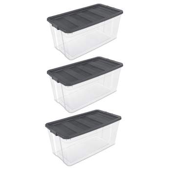 Sterilite 27 Gallon Plastic Stacker Tote, Heavy Duty Lidded Storage Bin  Container For Stackable Garage And Basement Organization, Black, 16-pack :  Target