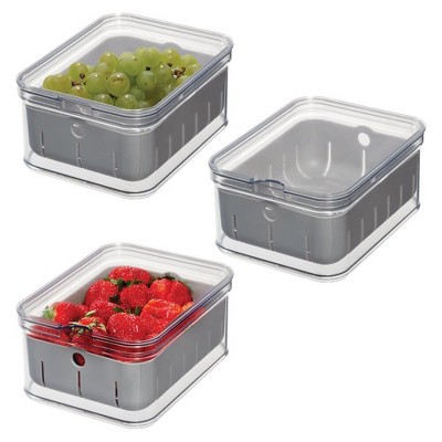 iDesign Berry Bin with Removable Colander and Lid - Set of 3, Clear/Gray
