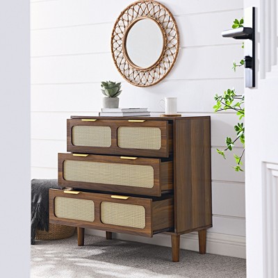 KTMBDW 3 Drawer Dresser for Bedroom, Boho Small Rattan Closet Dressers Chest of Drawers with Metal Handlesfor Hallway, Living Room, Entryway