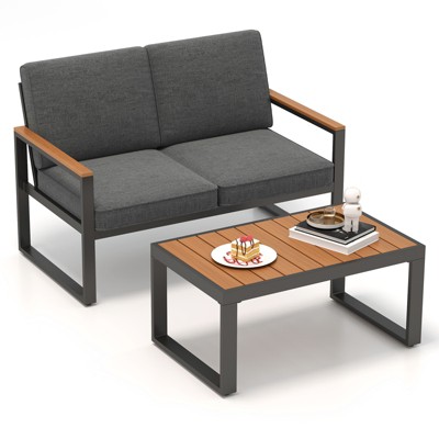Tangkula 2 PCS Patio Aluminum Furniture Set Cushioned Sectional Sofa w/ Coffee Table