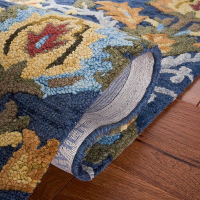 Handmade Navy Wool Runner Rug with Floral Pattern