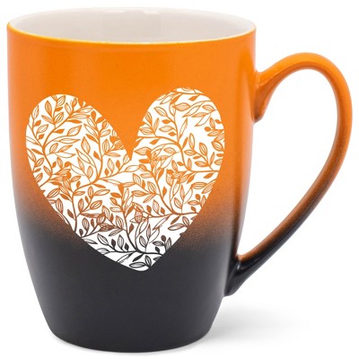 Elanze Designs Heart Leaf Two Toned Ombre Matte Orange and Black 12 ounce Ceramic Stoneware Coffee Cup Mug