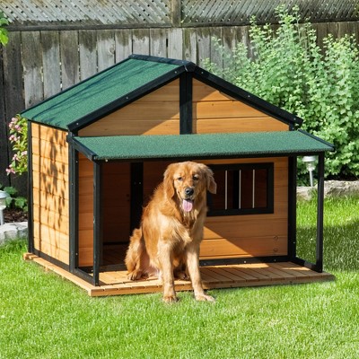Large Wooden Raised Dog House with Porch and Asphalt Roof