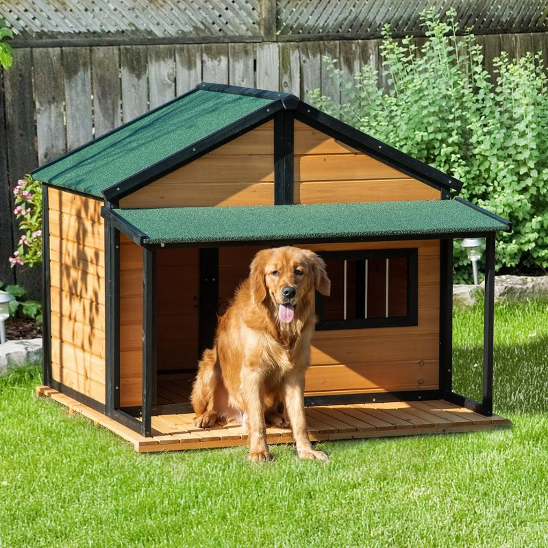 PawHut Outdoor Dog House Cabin Style, Wooden Raised Pet Kennel with Asphalt Roof, Front Door, Side Window, Porch for Medium/Large Dogs, Loading 53 Lbs, 3 of 7