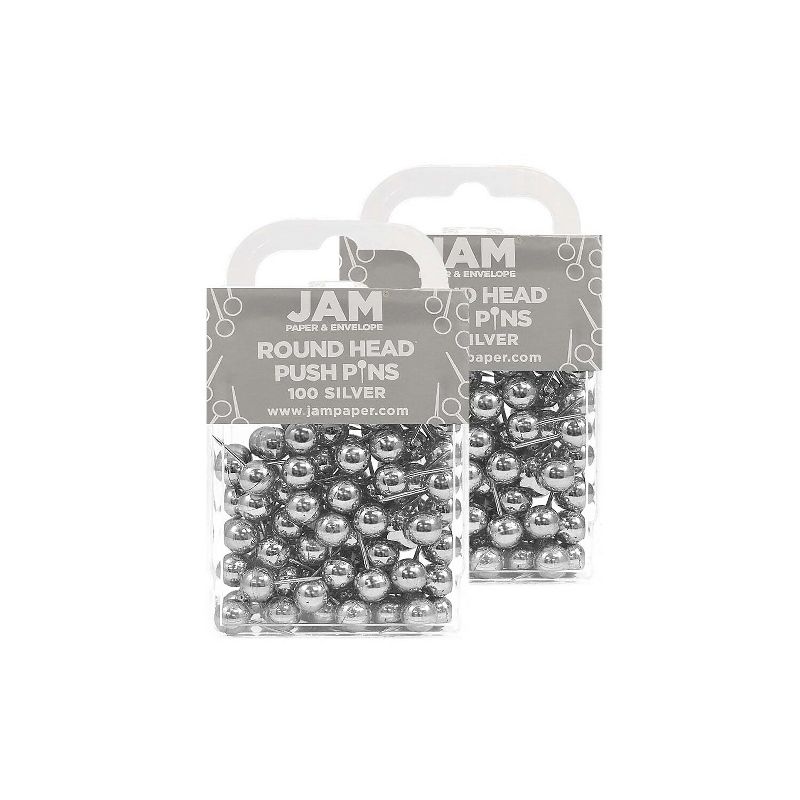JAM Paper Colored Map Thumb Tacks Silver Round Head Push Pins 2 Packs of 100 22432214A, 1 of 8