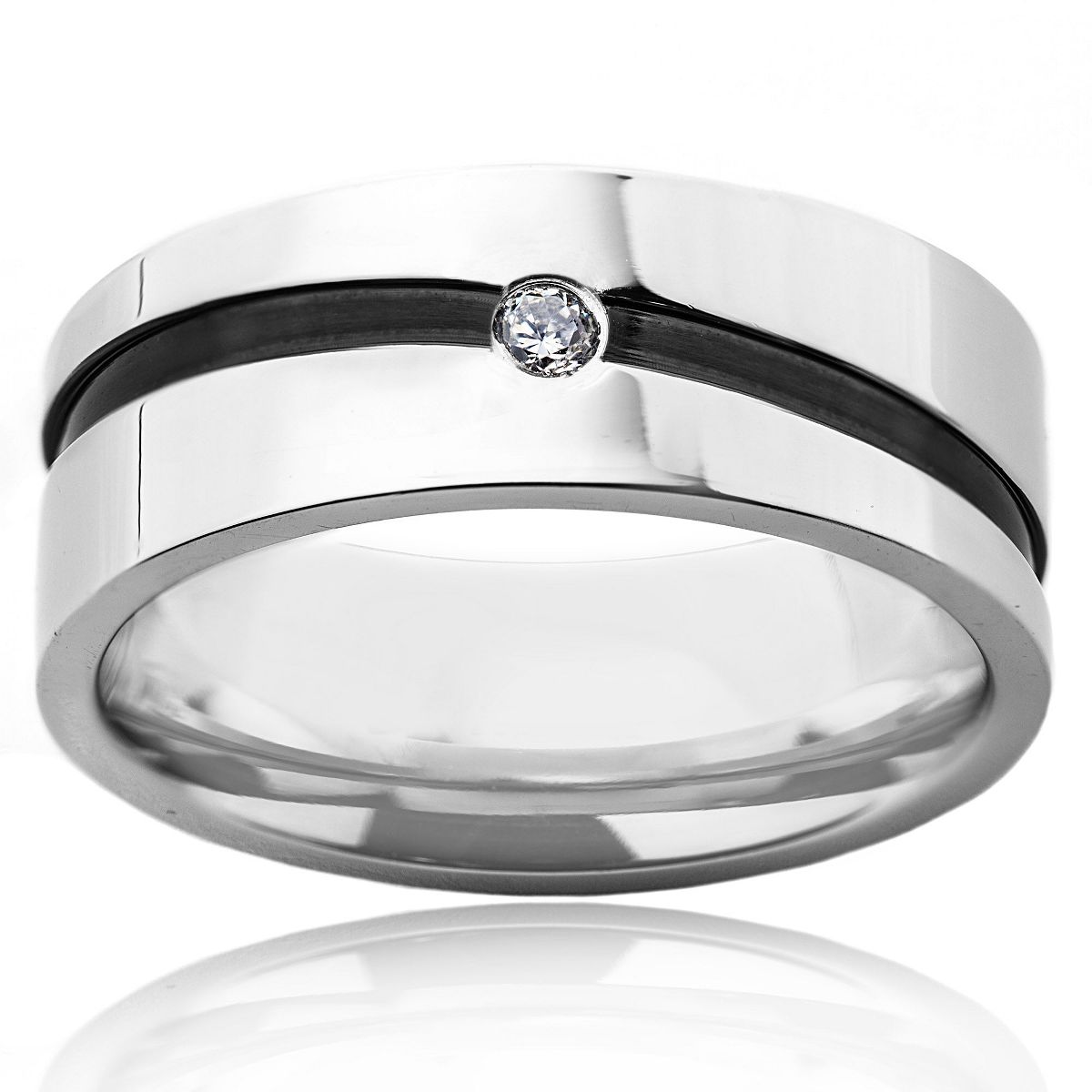 West Coast Jewelry Men's Cubic Zirconia Black Stripe Stainless Steel Wedding Band - thumbnail 4