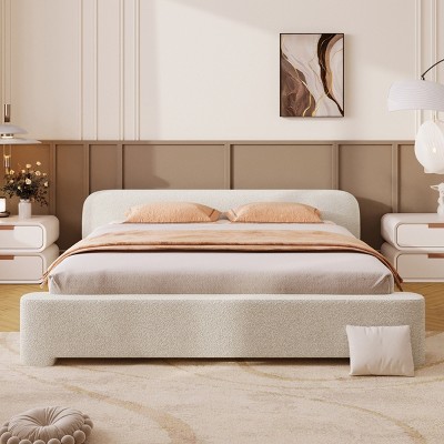 Cozy White Boucle Upholstered Platform Bed, Minimalist Design Bed with Soft Headboard, Durable Wood Frame Bed with Foam Filling-Baofuwish