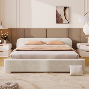 Cozy White Boucle Upholstered Platform Bed, Minimalist Design Bed with Soft Headboard, Durable Wood Frame Bed with Foam Filling-Baofuwish - 1 of 4