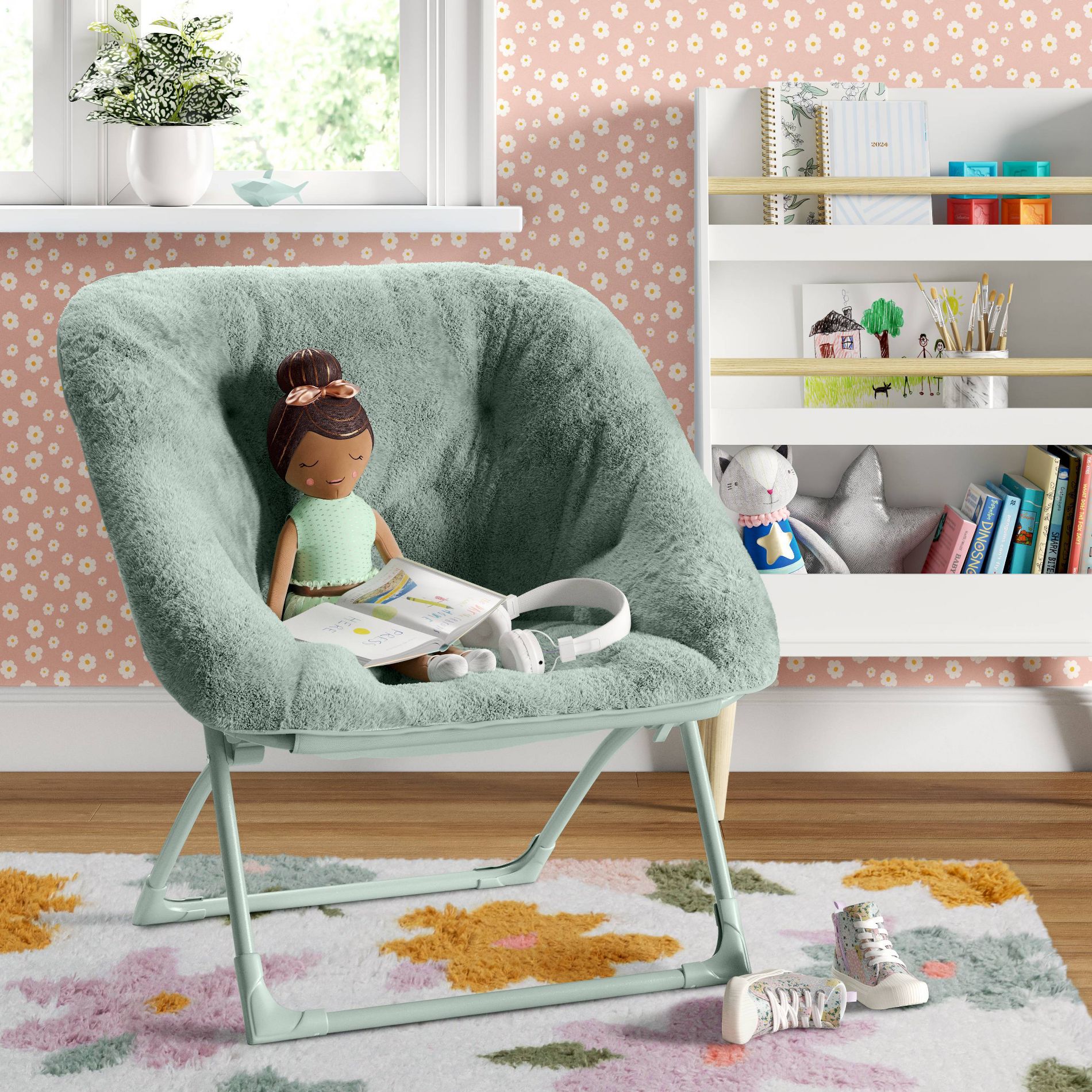 Folding Dish Kids' Chair Dark Green - Pillowfort™: Saucer, Foldable, Dorm, Armless, Polyester, Steel Frame, 7+ Years