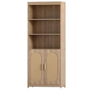 Slickblue 5-Tier Rattan Bookshelf with Doors, Natural Wood Farmhouse Bookcase for Living Room & Office - 1 of 3
