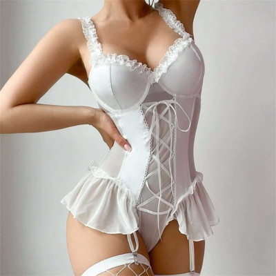 Clotth Women's Elegant Lingerie - Lace Up Push Up Corset Bodysuit with Stocking, Babydoll Lingerie Set