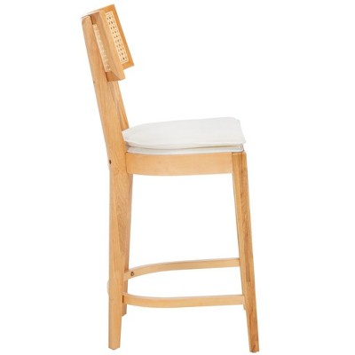 Natural Wood and Woven Cane Counter Stool with White Cushion