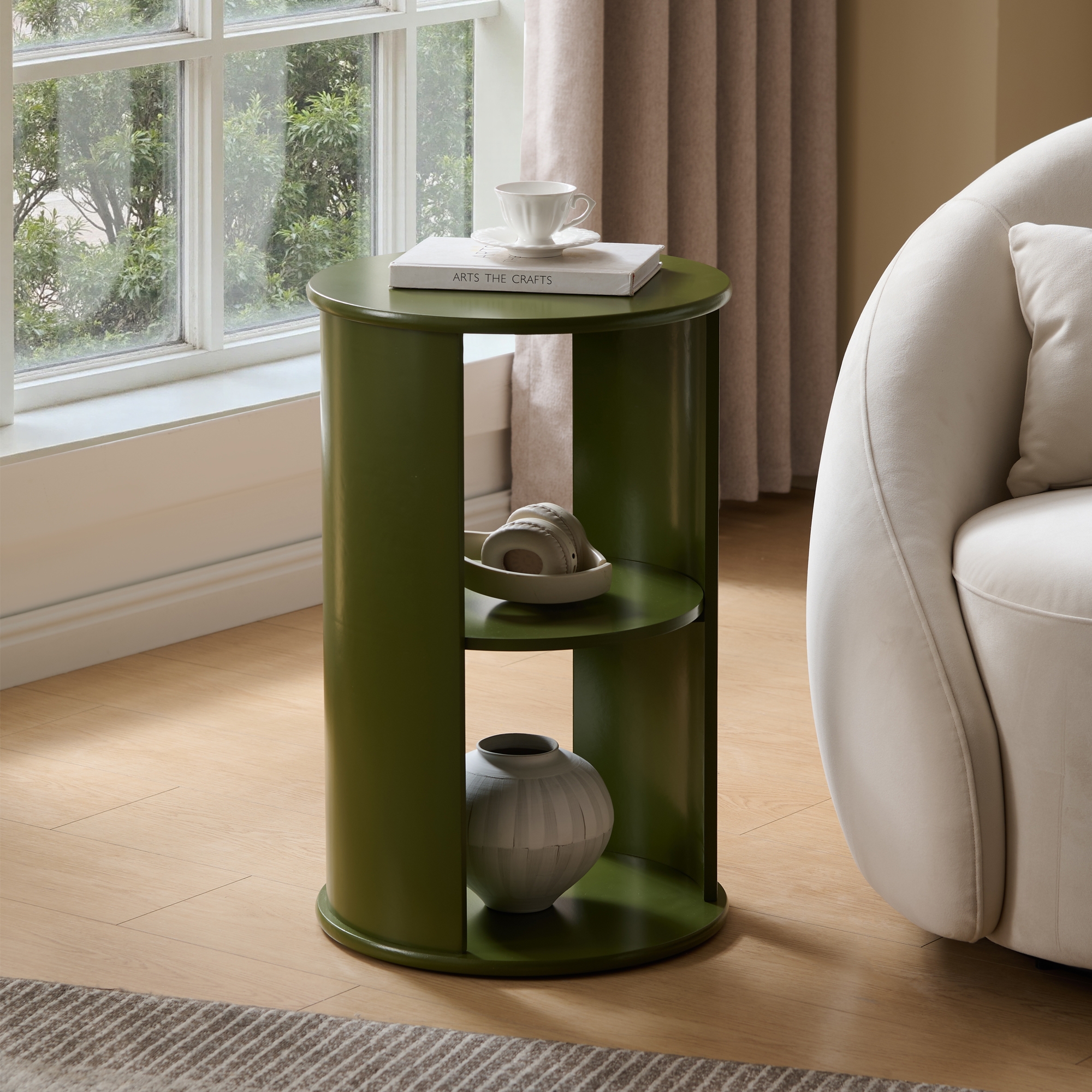 Kings Brand Furniture Evan Round Side Table with Open Storage Shelves, Contemporary Wood Accent Table for Living Room X, Avocado Finish