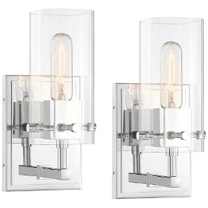Possini Euro Design Modern Wall Light Sconces Set of 2 Chrome Hardwired 5" Fixture Clear Glass Shade for Bedroom Bathroom Vanity Living Room House - 1 of 4