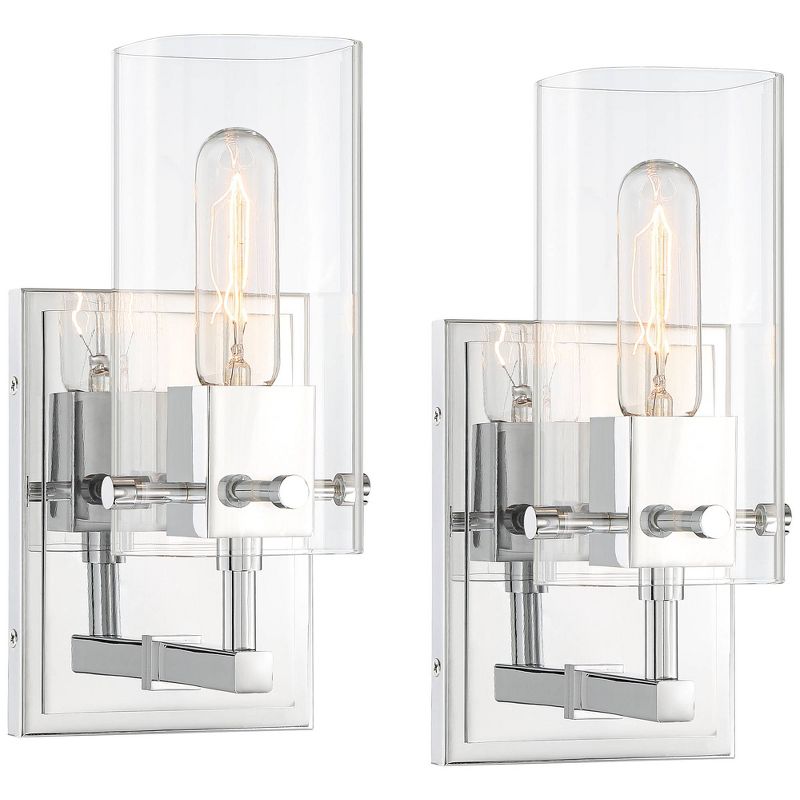 Possini Euro Design Modern Wall Light Sconces Set of 2 Chrome Hardwired 5" Fixture Clear Glass Shade for Bedroom Bathroom Vanity Living Room House, 1 of 9