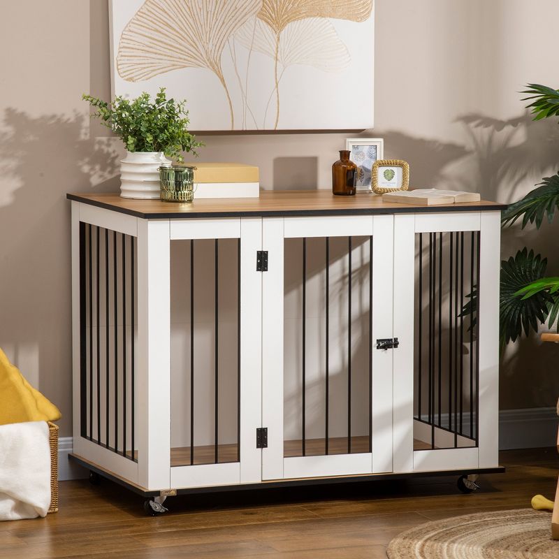 PawHut Modern Dog Crate End Table with Wheels & Big Tabletop, Indoor Dog Crate Furniture with Lockable Door, White, 3 of 8