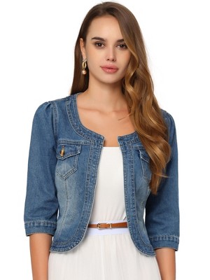 INSPIRE CHIC Women's Collarless Pockets 3/4 Sleeve Denim Jackets