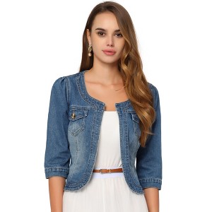 INSPIRE CHIC Women's Collarless Pockets 3/4 Sleeve Denim Jackets - 1 of 4