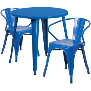 Emma and Oliver Commercial Grade 30" Round Blue Metal Indoor-Outdoor Table Set with 2 Arm Chairs - 1 of 4