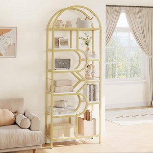 COUCHETA 82" Tall 6-Tier Arched Bookcase - Rustic Wood & Metal Open Shelf Storage Organizer for Living Room, Bedroom, Home Office - 1 of 4