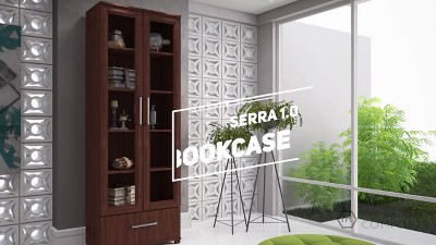 White 71.85" Bookcase with Frosted Glass Doors and Drawer
