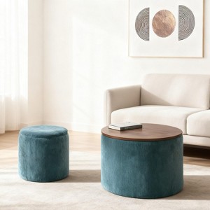 TiramisuBest 24 Inch Chenille Storage Ottoman 2 Piece Set 2 in 1 Round Ottoman Storage Bench Drum Stool Hidden Storage Bench Living Room - 1 of 4